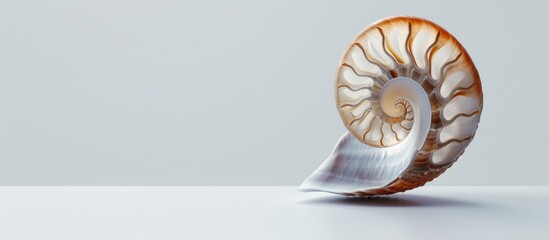 Obraz premium Nautilus shell set against a plain white background A unique find. Copy space image. Place for adding text and design