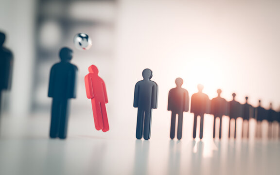 A metal ball strikes figurines symbolizing people, illustrating layoffs in corporations, recruitment, and elimination from public life. It&rsquo;s a metaphor for harsh business decisions. 3d render