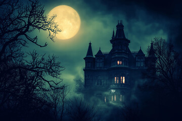 Dark haunted house with a full moon and mist creating a spooky atmosphere, ideal for Halloween themed settings.