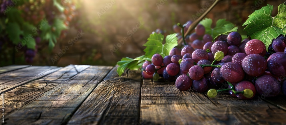 Wall mural A bunch of grapes and vine on a wooden table background with copy space