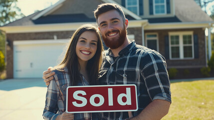 A happy, smiling married couple, a man and a woman, standing in front of a sold house with a "Sold" sign. Real estate sales as a way to earn money and as one of the most profitable businesses.