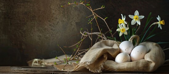 Easter eggs in a jute bag alongside narcissus and catkin on a wooden board. Copy space image. Place for adding text and design