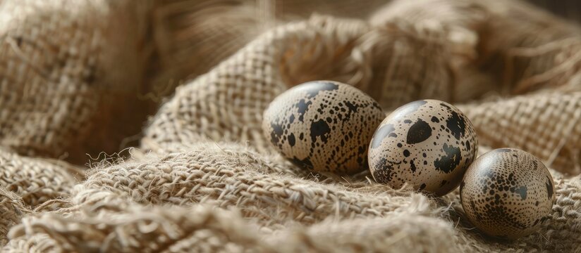 Quail eggs placed on burlap. Copy space image. Place for adding text and design