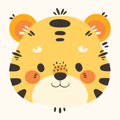 Cute tiger face, a simple flat illustration style with bright colors and a white background