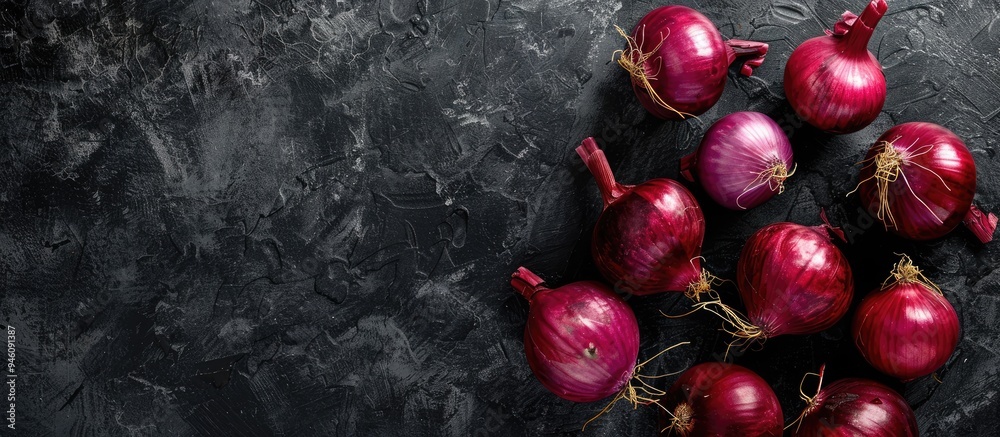 Wall mural Fresh red onions on a black background Top view Available copy space