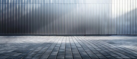 Exterior wall of the warehouse composed of aluminum sheeting with a paved sidewalk in the outdoor area as the background image. Copy space image. Place for adding text and design