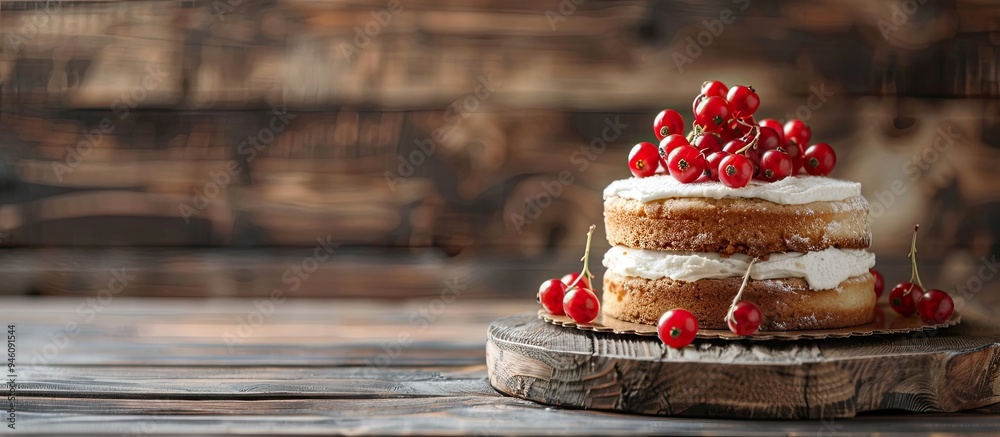 Sticker Cakes adorned with red berries on a wooden table copy space