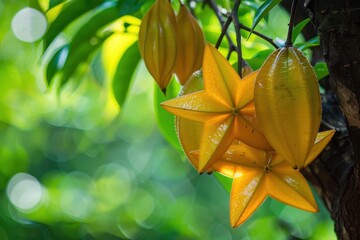 fresh starfruit growing on the tree