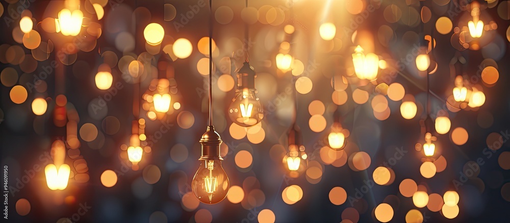 Poster blurred bulbs creating a bokeh background. copy space image. place for adding text and design