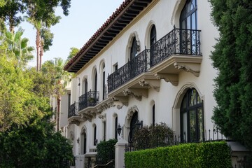 Obraz premium Spanish Colonial Architecture: A beautiful shot of a historic Spanish-style building with ornate details, stucco walls, and iron balconies