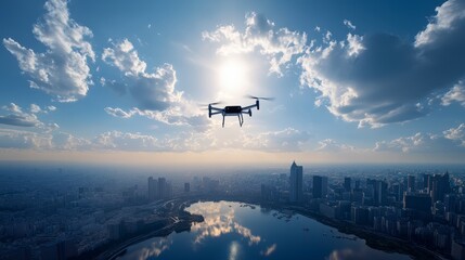 Fototapeta na wymiar A drone flying over a cityscape with a lake, under a bright sky filled with clouds.