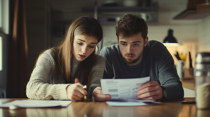 A young married couple, a man and a woman, sitting in their new home, worried about their future due to overwhelming debt and high rent.
Money debt.







