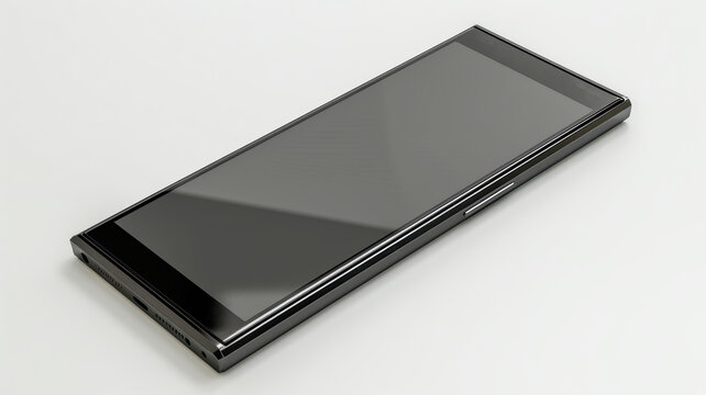 A black cell phone with a glass screen sits on a white background. The phone is turned off and has no visible content on the screen