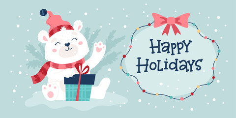 Polar bear Christmas card, cute character wearing hat and scarf holding present. Hand drawn lettering. Vector illustration