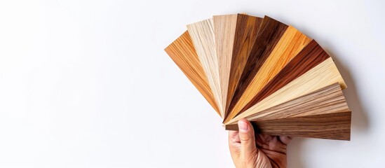 Samples of veneer wood on a white background Interior design material selection for inspiration A hand holding veneer wood