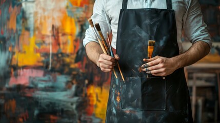 Close-Up of a Black Apron Mockup with Paintbrush and Palette Knife Held Against an Abstract Art Background, Perfect for Artist Promotion and Creative Marketing Posters, Backgrounds, and Banners