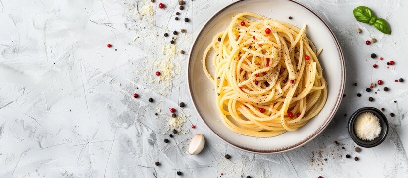 Cacio e Pepe spaghetti pasta with pecorino cheese and pepper Healthy traditional Italian cuisine concept with copy space Overhead shot top view