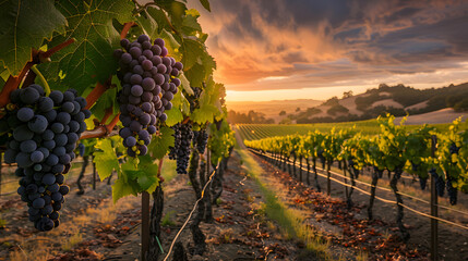 grapes and vineyard, landscape with sunlight poster	
