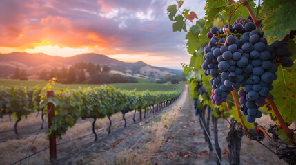 grapes and vineyard, landscape with sunlight poster	