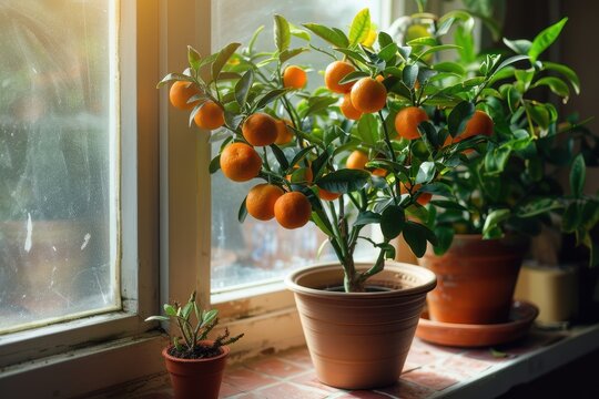 Indoor tangerine tree in pot on windowsill with other plants like lemon balm and mint