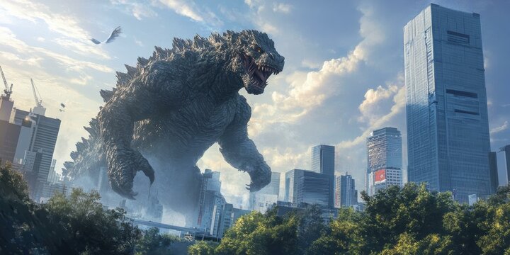 Giant monster rampages through city skyline.