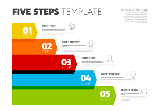 Color horizontal five arrows steps infographic template with icons and descriptions