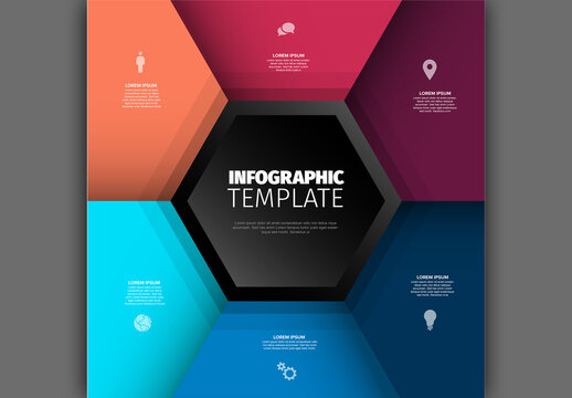 Multipurpose red and blue template with six sections and big hexagon in the middle