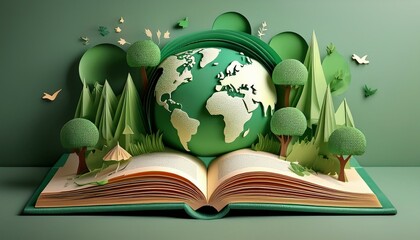 Open book with green world made in paper style, Green world in cute style, environment preservation...