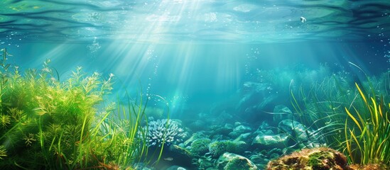 Fototapeta premium lake background with water underwater abstract fresh water diving scenery and nature s underwater ecosystem backdrop. Copy space image. Place for adding text and design