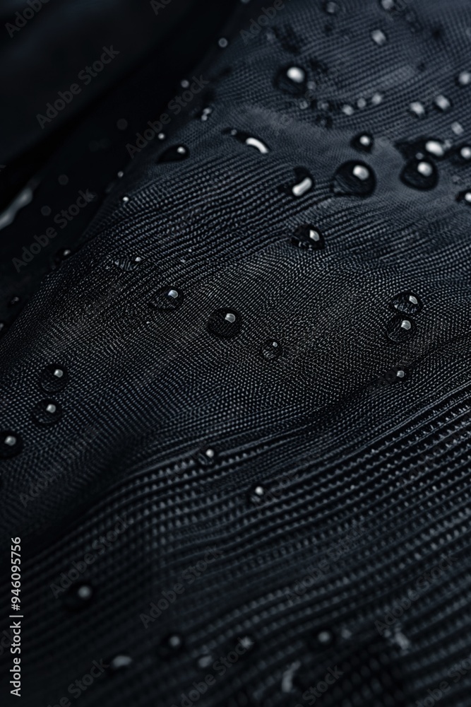 Poster black fabric displays water droplets beading up, water-repellent properties. high-resolution studio 