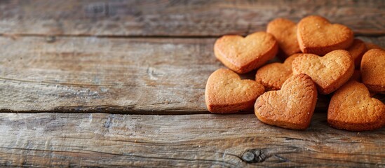Fototapeta premium Heart shaped cookies with copyspace on a wooden background