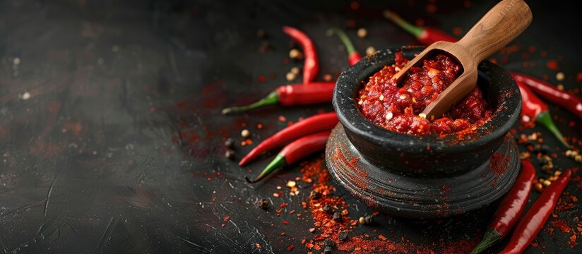 The chili paste is ready to be served directly from the mortar to enhance flavor. Copy space image. Place for adding text and design