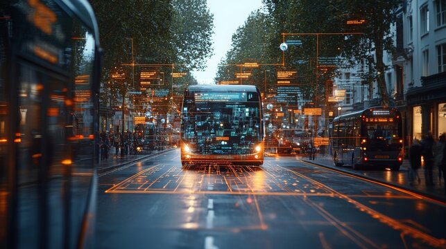 A holographic dashboard overlays data on a bustling street, showcasing buses and pedestrians as evening descends, creating a vibrant urban atmosphere.
