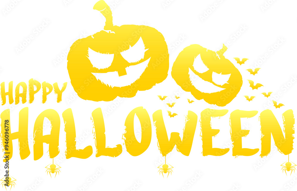 Poster happy halloween text banner or label. vector halloween calligraphic text label with scary pumpkin is