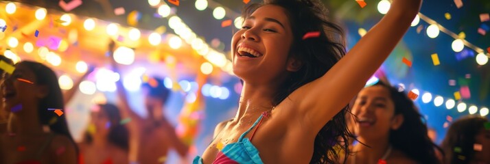 Lively party scene with group of people dancing and having fun. One individual wearing blue and white striped swimsuit holds drink in colorful confetti, vibrant atmosphere.