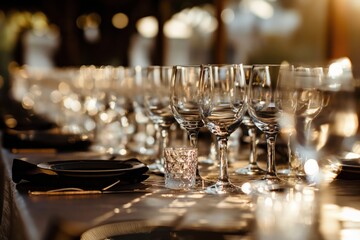Wedding banquet setup on long table with sparkling glassware. Fresh flowers in decorative arrangements add elegance to setting. Fine china, elegant linens, delicate cutlery create luxurious ambiance.