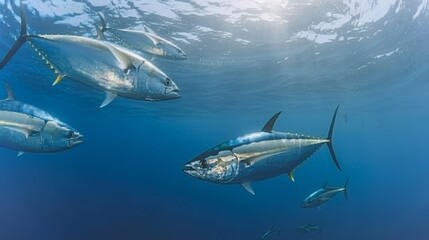 Obraz premium A school of majestic silver tuna skillfully glides through the deep blue waters of the ocean