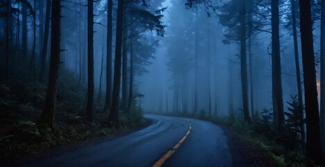 Obraz premium Lonely Road in the Misty Forest at night with copy space for Halloween and horror stories.