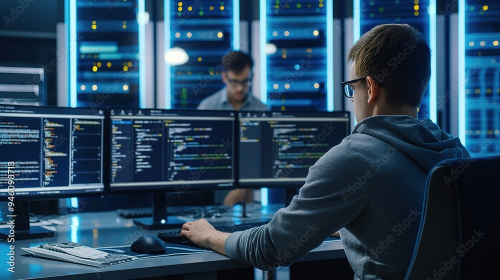 Poster specialist sits in technical room surrounded by computer servers, equipment. Works on personal computer screen displaying coding language interface. Data center background features professional