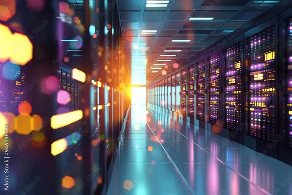 Aufkleber Bright bokeh light illuminates the server room in a data center. Rows of servers and networking equipment line the corridor. Modern technology and storage systems are on display.