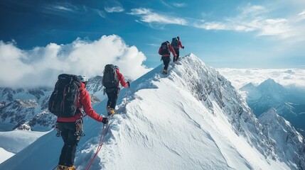 A group of mountaineers ascending a snowy peak, roped together for safety.