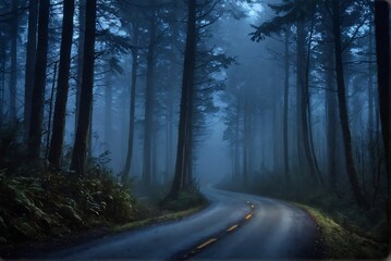 Fototapeta premium Lonely Road in the Misty Forest at night with copy space for Halloween and horror stories.
