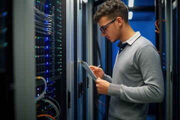Fototapeta premium Young man stands by server cabinet in data center working with high-performance computing technology. Holding clipboard, he manages complex system network.