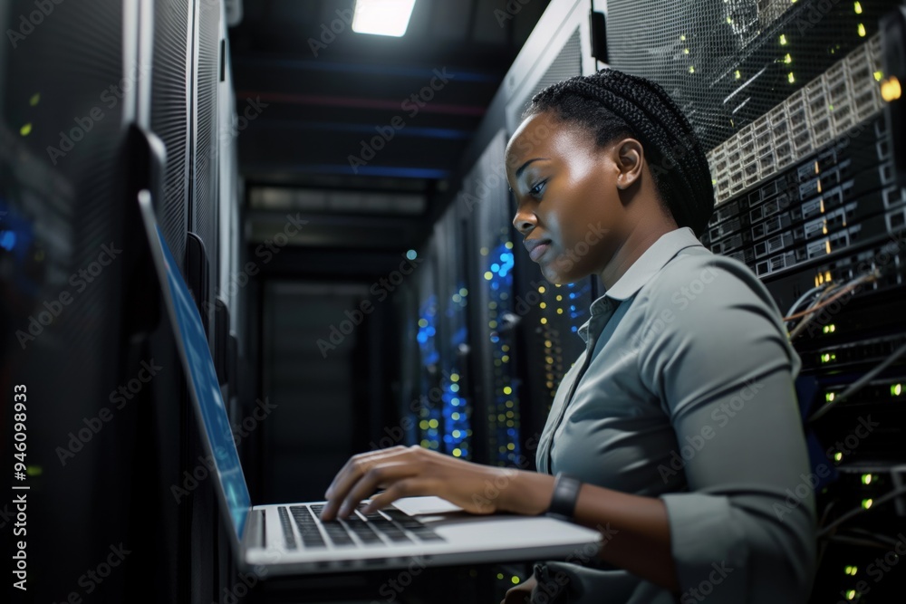 Poster Black woman IT support engineer works in dark server room surrounded by laptops and network equipment. Female programmer troubleshoots computer issues with focus on security and analytics.