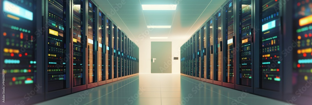 Poster Server room in data center with rows of computer racks storing information, hosting equipment. Mainframe farm with backup systems, network infrastructure. Modern design with array of devices for