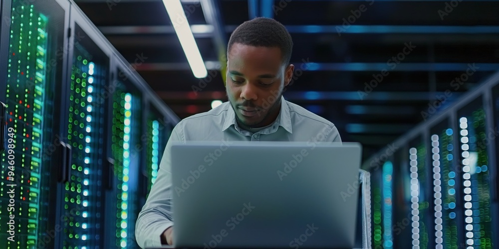 Poster Male system administrator works in server room typing on laptop computer while managing big data center operations. Man engineer monitors digital systems, programming online database management.