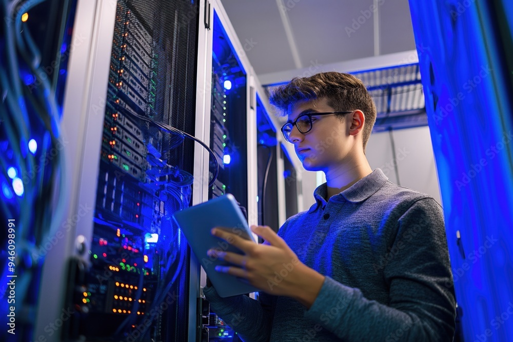 Aufkleber young man stands near server cabinet in blue lit room using digital tablet for work on supercomputer