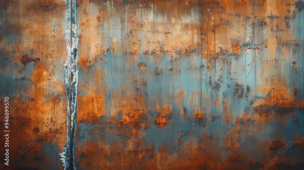 Poster rusty orange-blue steel wall with weathered texture, aged surface. grunge metal background with nega