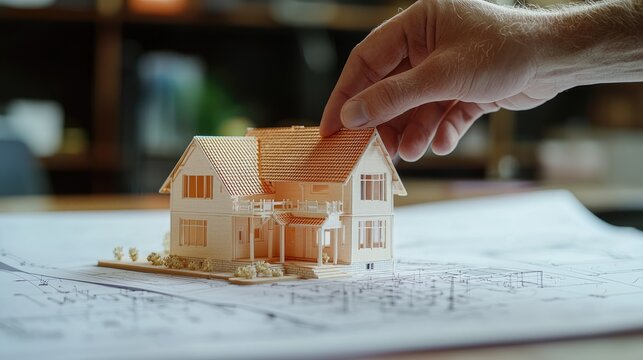 A hand placing a house model on a blueprint in an office setting.
