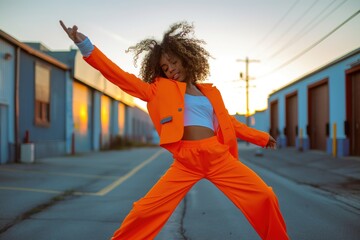 Young African American woman dancer performs energetic dance moves in street at sunset. Stylish...